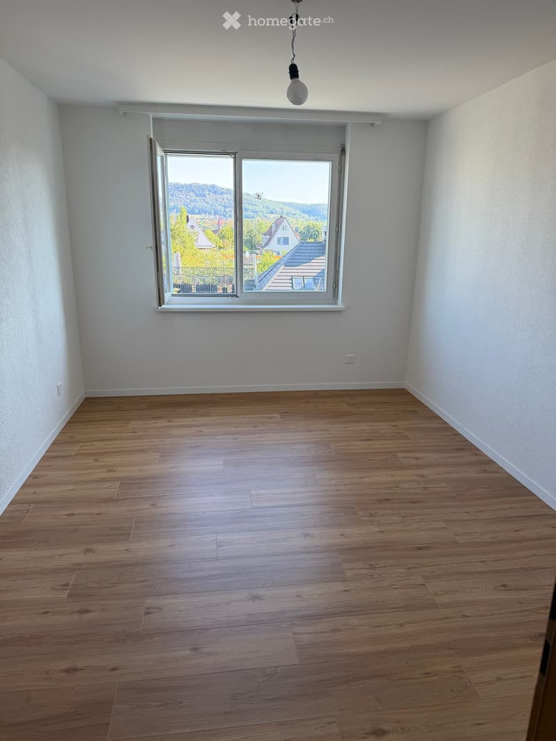 Empty room with wooden flooring, white walls, and a large window offering a view of the landscape.