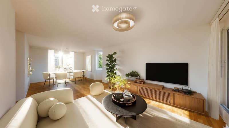 white couch, round table, flat screen tv, side table, wooden flooring, white walls, round ceiling light