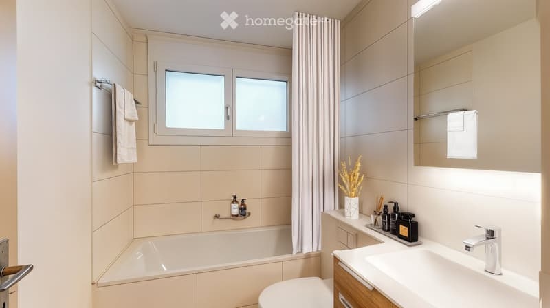 bathroom with bathtub, sink, toilet, mirror and towel racks, window with glass panes