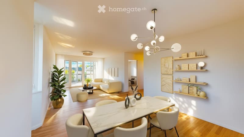 White walls, wooden floor, chandelier, white table, white chairs, white couch, large windows, view to outdoors