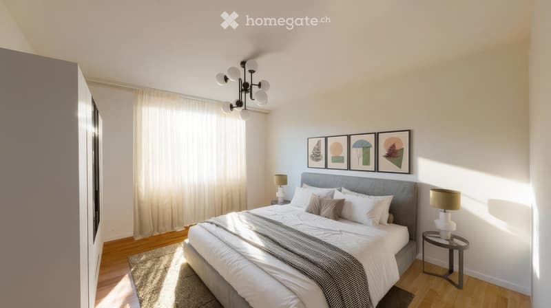 master bedroom with double bed, carpeted floor, two nightstands with lamps, rug, white walls, and three framed artworks on the wall