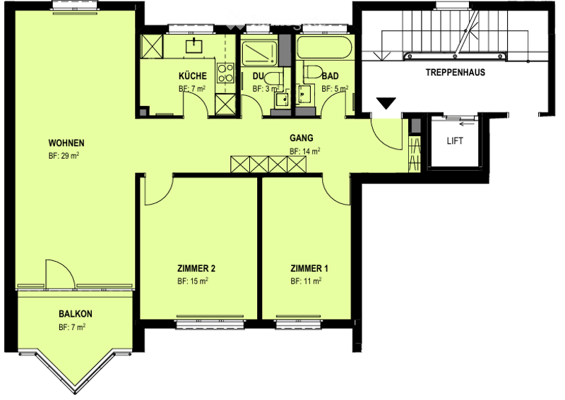 Floor plan of a 3-bedroom apartment with a kitchen, bathroom, living area, hallway, balcony, staircase, and elevator.