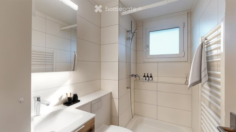White tiled walls, modern fixtures, white shower, toilet, sink, mirror, window, towel rack, toiletries