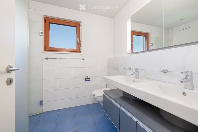 Bathroom with white tiles, blue floor, double sink, mirror, and toilet.