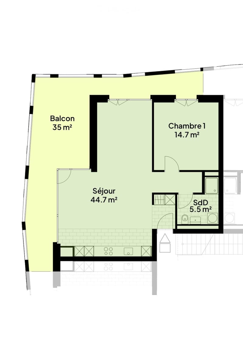 Floor plan showing a living area (Séjour), bedroom (Chambre 1), bathroom (SdD), and balcony (Balcon).