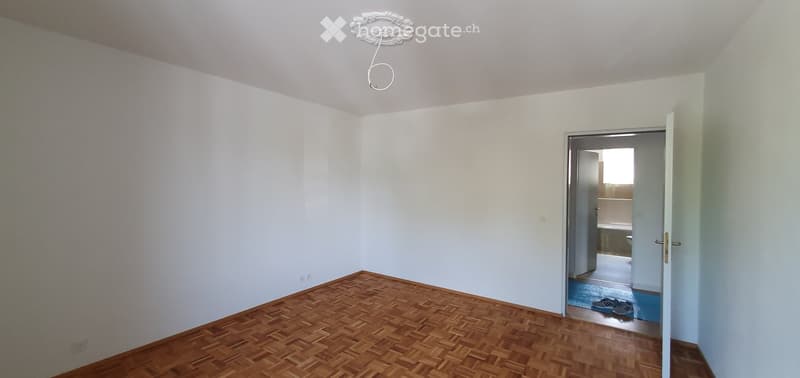 Empty room with wooden flooring and white walls, featuring a ceiling light fixture and an open doorway leading to another room.