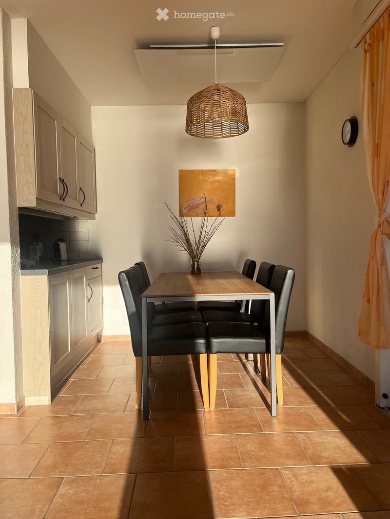 Dining area with a wooden table, six black chairs, light wooden cabinets, a hanging woven lamp, a vase with dried branches, and a painting on the wall.