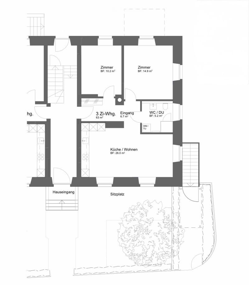 Floor plan of a residential space with labeled rooms including three bedrooms, a kitchen/living area, entrance, bathroom, and a seating area.