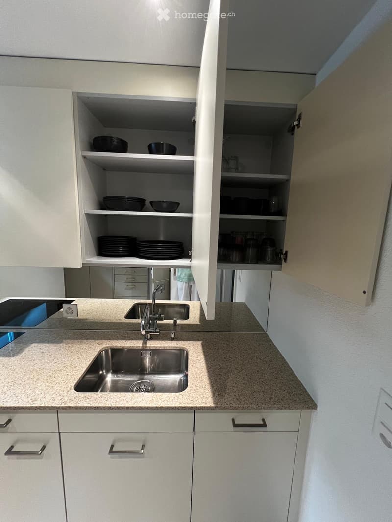Modern kitchen with white cabinets, granite countertops, and stainless steel sink. Open cabinets reveal plates and bowls.