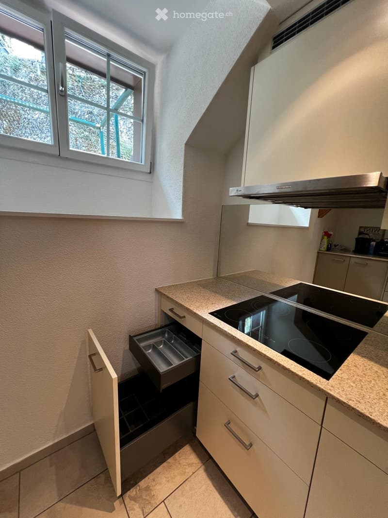Modern kitchen with light-colored cabinets, an induction stove, and a range hood. The countertop is made of a light beige material, and there is a drawer with a pull-out tray visible.