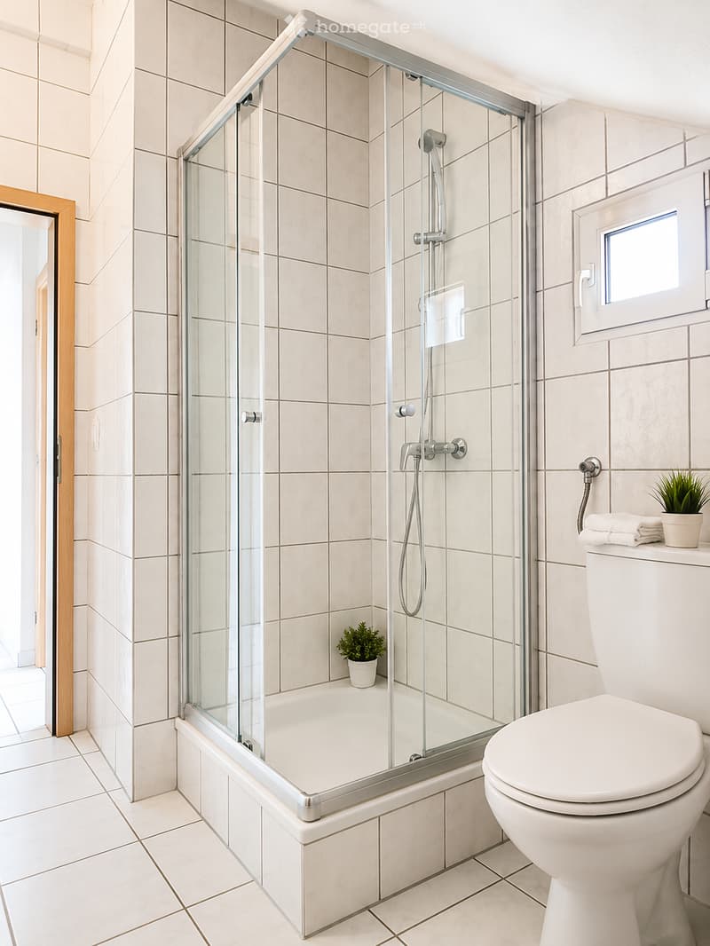 Modern bathroom with a glass-enclosed shower, bathtub, toilet, and small potted plants on the windowsill.