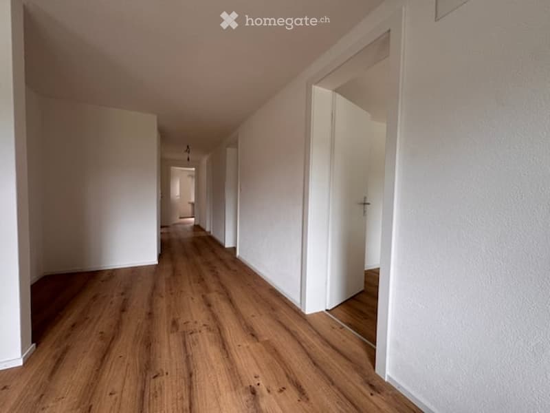 Empty hallway with wooden flooring and white walls, featuring several doors and a ceiling light fixture.