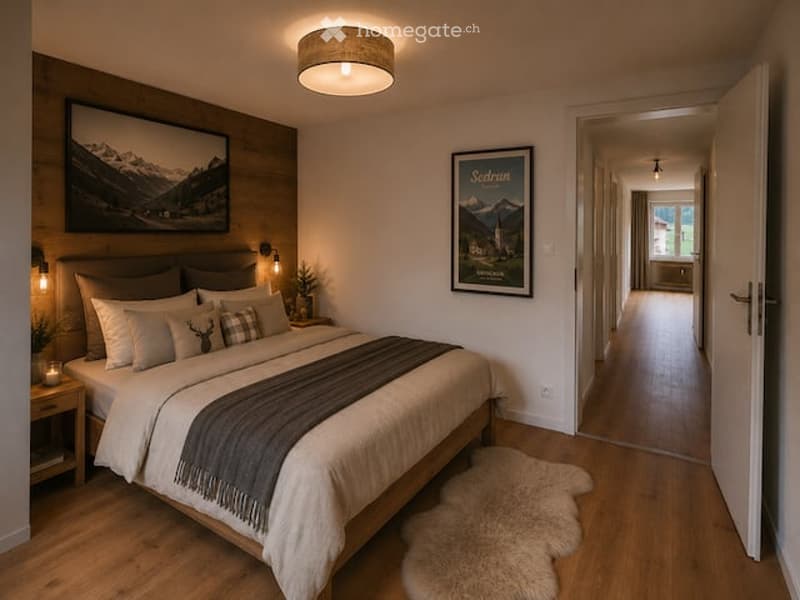 Cozy bedroom with a large bed, nightstand, picture frames, and a fur rug on the floor.