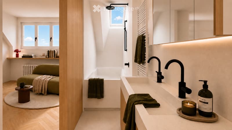 Modern, minimalist bathroom with a green sofa, wooden floor, large windows, a bathtub, and a double sink with modern faucets.