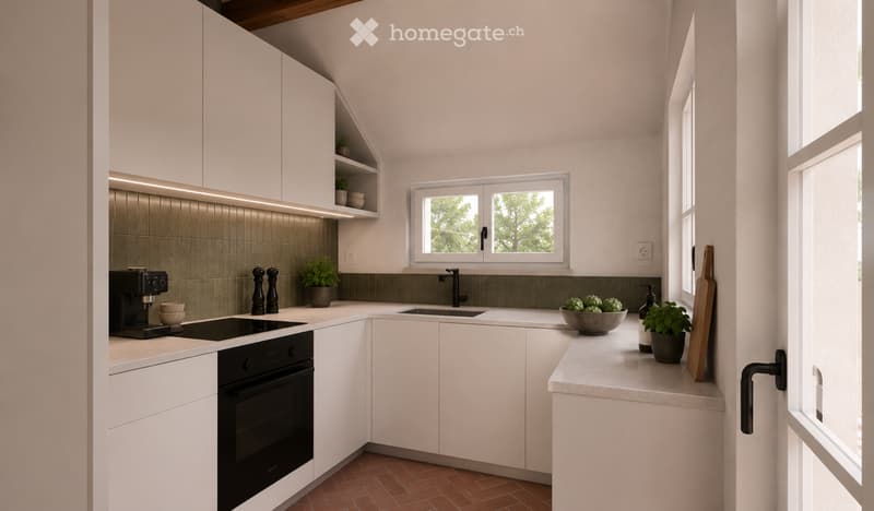 Modern kitchen with white cabinets, a dark backsplash, and a marble countertop. Features include a coffee maker, oven, sink, and decorative items like a potted plant and a cutting board.