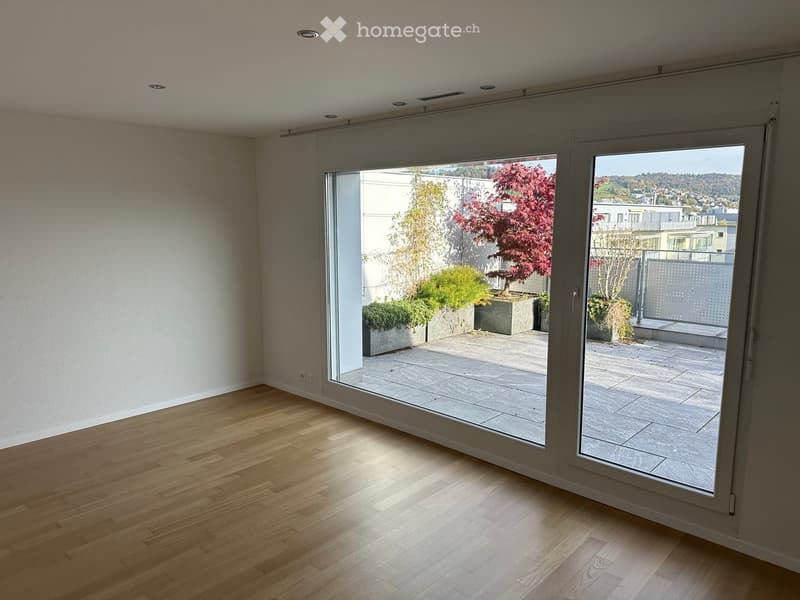 Empty room with wooden flooring and large sliding glass doors leading to a patio with plants and a view of the city.