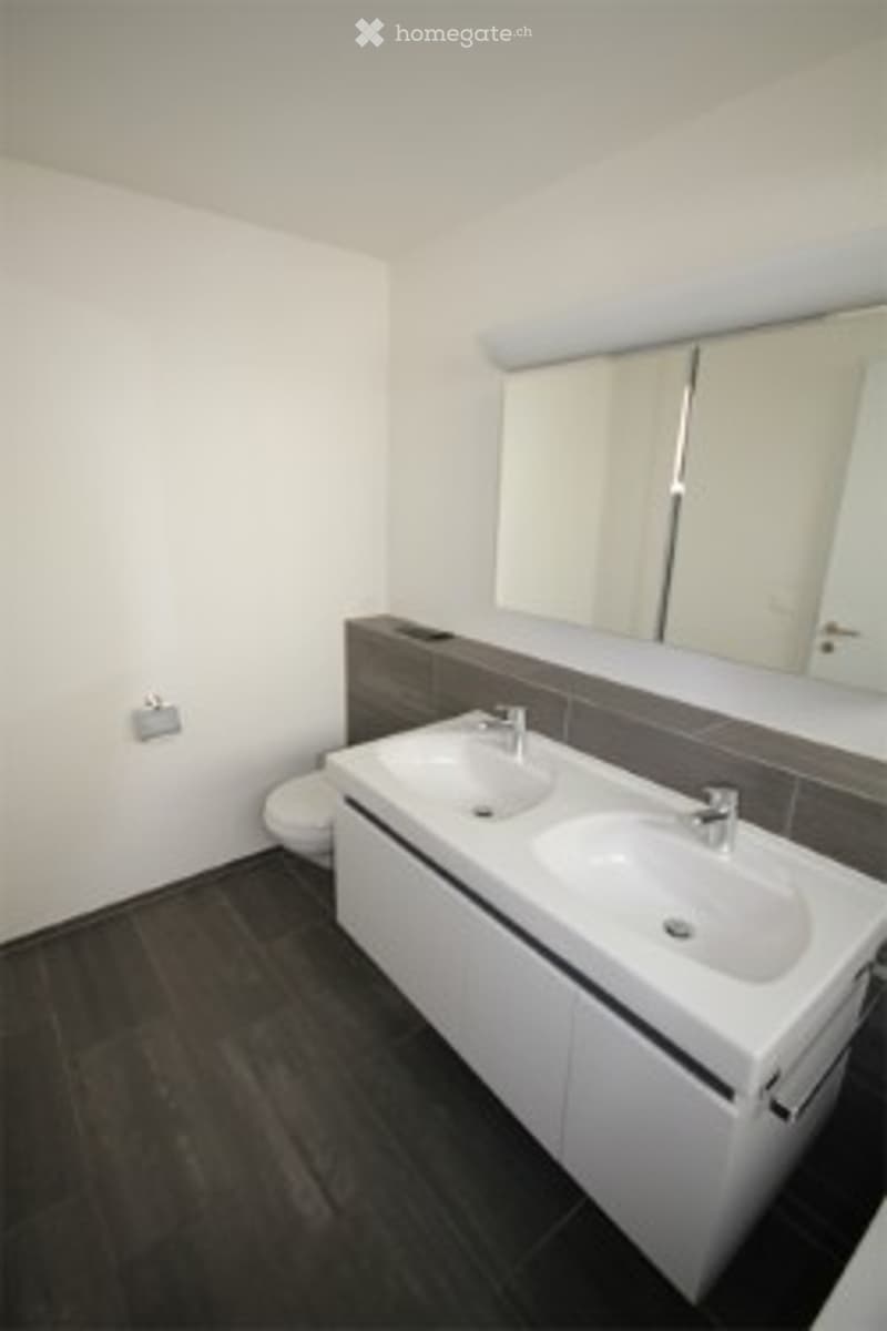 Modern bathroom with white walls, dark wooden flooring, a large mirror above a double sink vanity, and a toilet in the corner.