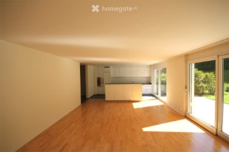 Bright, empty room with wooden flooring and large windows, connected to a kitchen area with white cabinets and a countertop.
