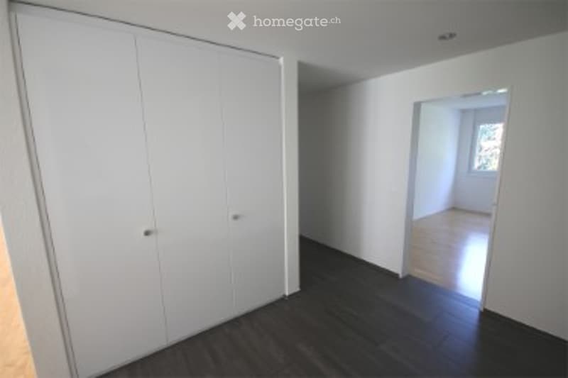 Empty room with white walls, dark wooden flooring, and a large built-in wardrobe. The room is unfurnished and has a doorway leading to another room.