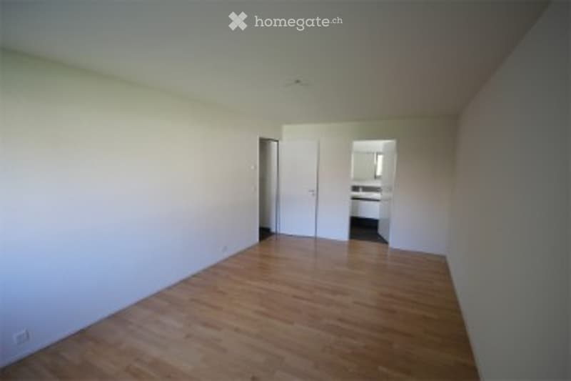 Empty room with light wooden flooring and white walls. Features a closed door and a partially visible adjacent room with dark flooring.