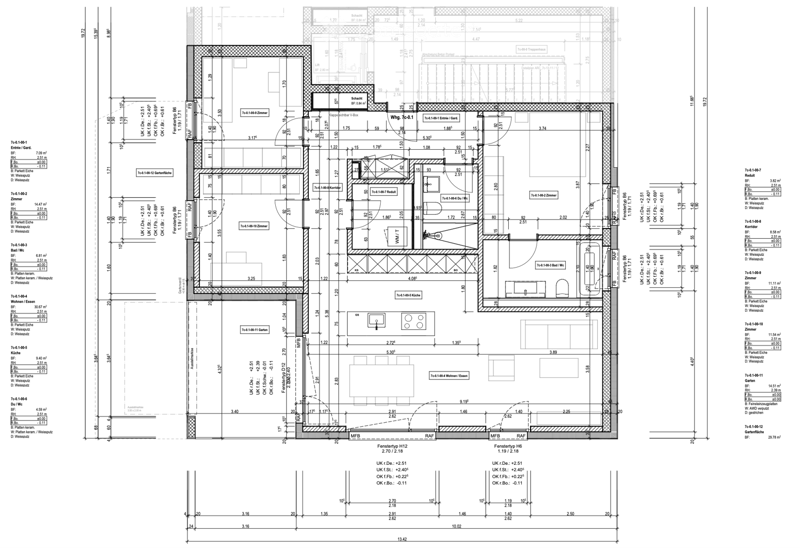 Floor plan of a multi-room residential unit including living room, kitchen, bedrooms, bathrooms, entrance area, and garden.