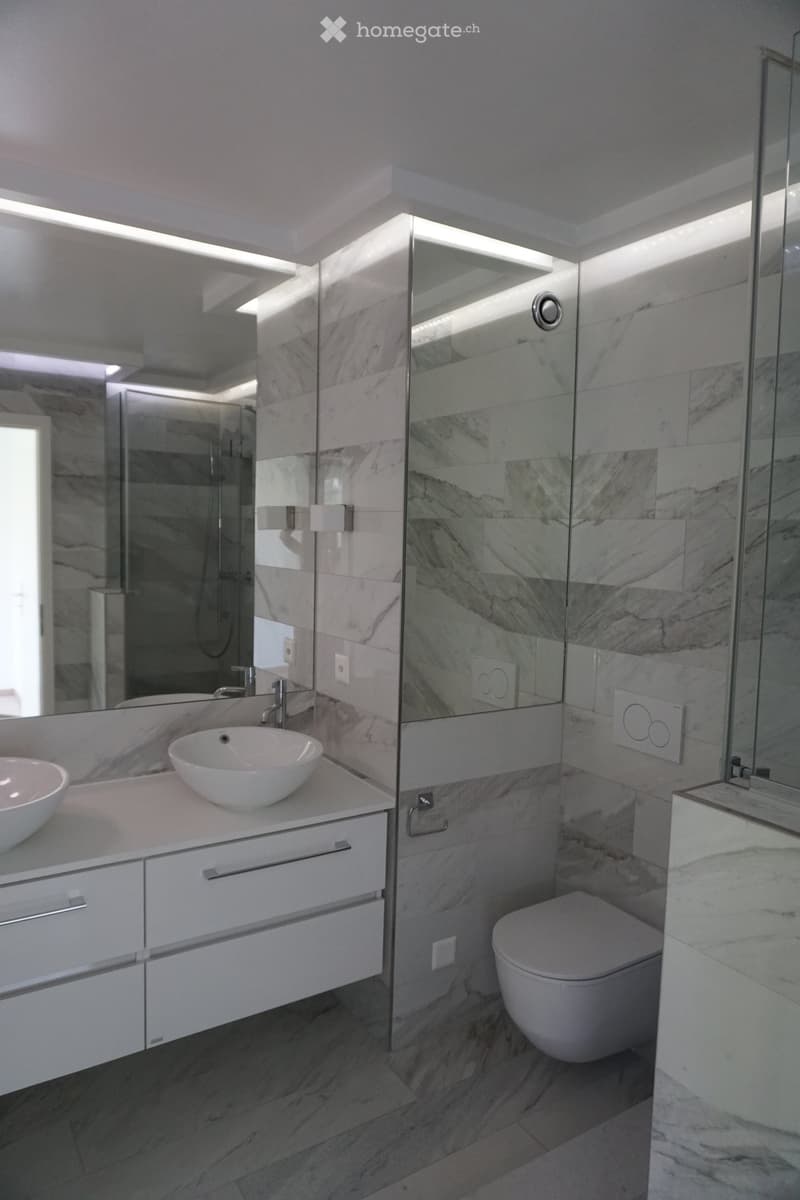 Modern bathroom with marble tiles, white sink, toilet, and large mirror. Features built-in cabinets and sleek fixtures.