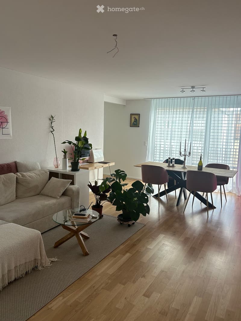 A modern living room with a sofa, coffee table, dining area, and several plants. The room features wooden flooring, large windows with sheer curtains, and a mix of contemporary and minimalist decor.