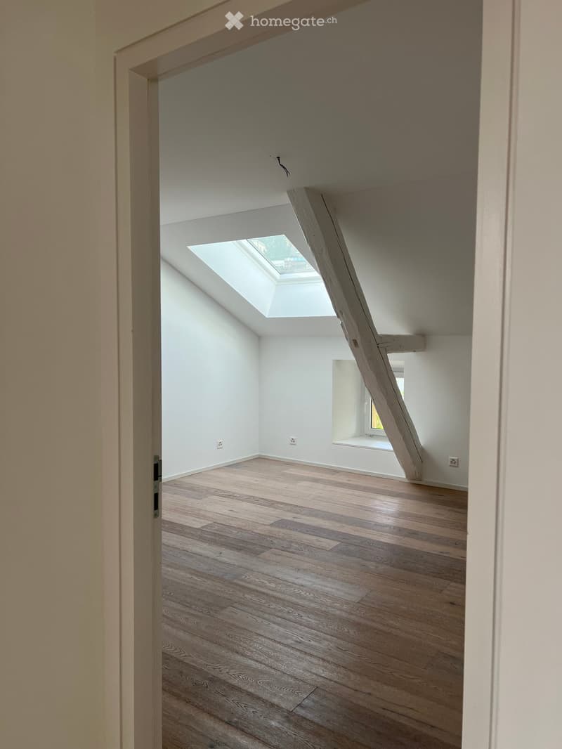 Empty attic room with wooden flooring, white walls, and a skylight window. No furniture or equipment present.