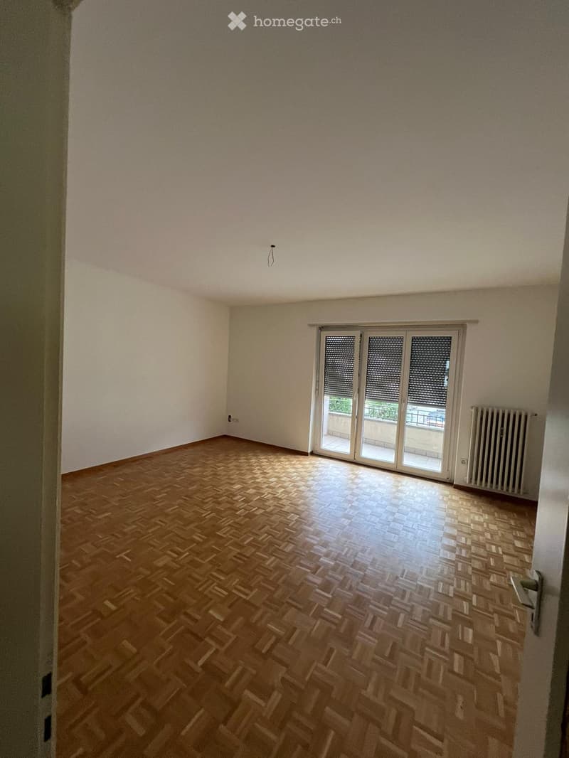 Empty room with white walls, hardwood parquet flooring, and a sliding glass door leading to a balcony or terrace.