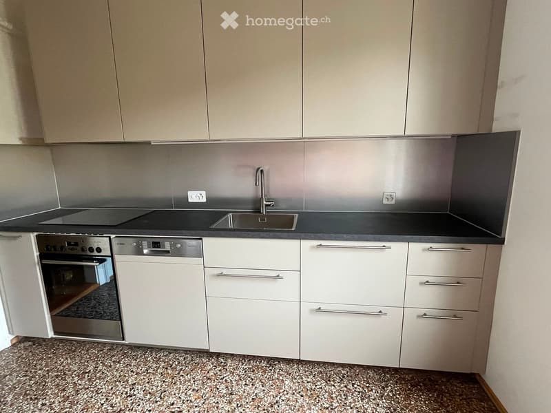 Modern kitchen with white cabinets, stainless steel sink, oven, and dishwasher. Features a black countertop and a speckled floor.