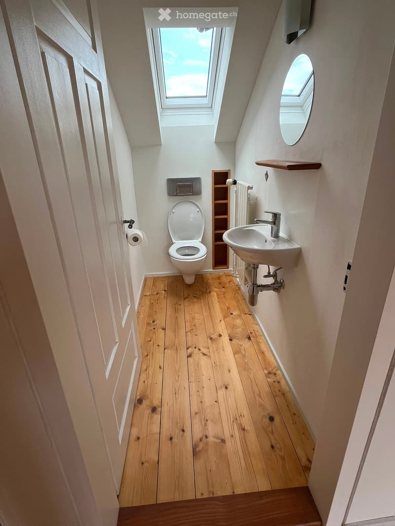 Cozy attic bathroom with wooden flooring, white walls, a toilet, a sink with a modern faucet, a small shelf, and a mirror above the sink. The room features a skylight window and a small round window.