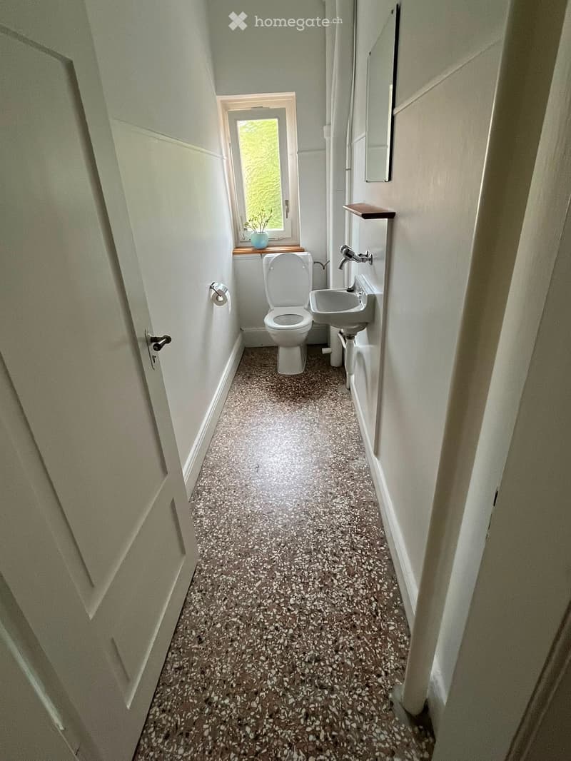 Small bathroom with a toilet, sink, and mirror. The floor has a speckled tile pattern, and there is a window with a small plant on the sill.