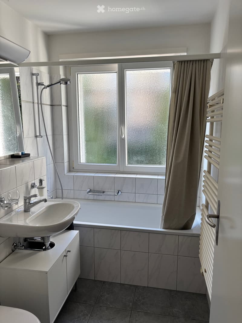 Modern bathroom with a white sink, bathtub, and large window with frosted glass. Includes a radiator, mirror, and soap dispenser.