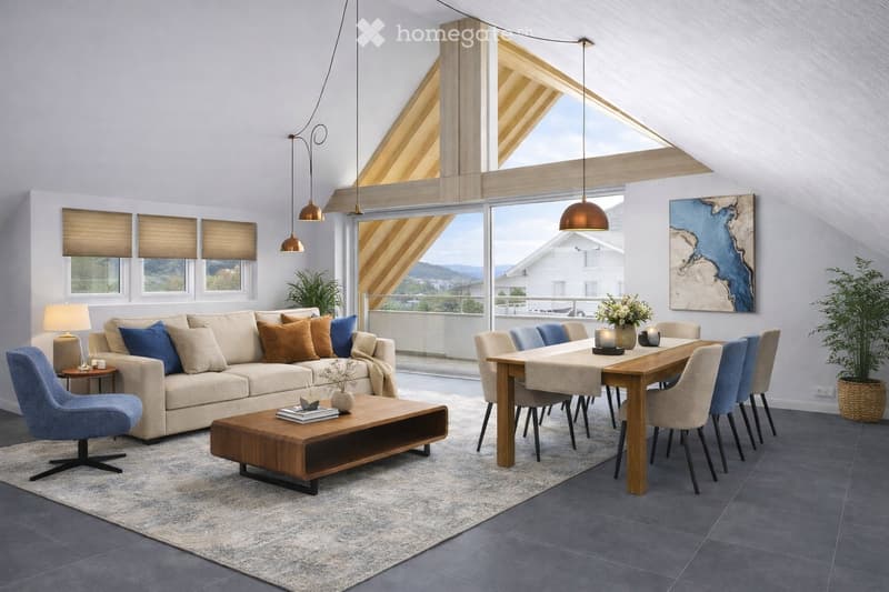 open floor plan, beige sofa, wooden coffee table, dining table, wooden beams, large windows, balcony, view