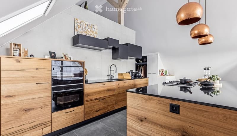 modern kitchen with wooden cabinets, black countertops, copper pendant lights, gas stove, oven, sink, faucet, open shelves, skylight