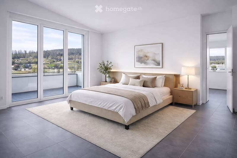 modern bedroom with large windows, balcony, bed, nightstands, rug, picture frame, lamp, plant