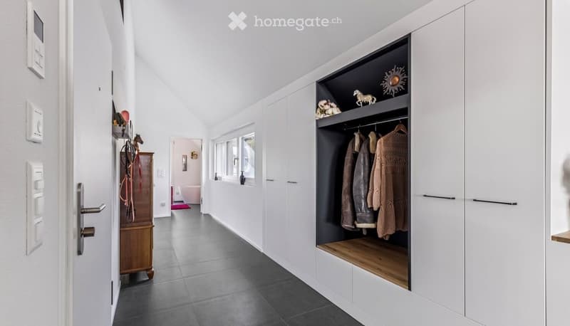 white walls, gray floor, white wardrobes, wooden cabinet, coat rack, decorative items