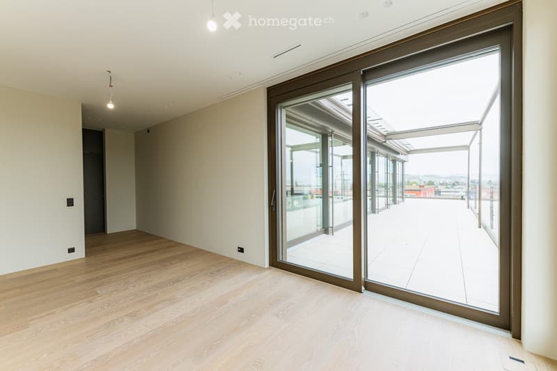 Empty room with light wooden flooring, white walls, and large sliding glass doors leading to a balcony or terrace area.