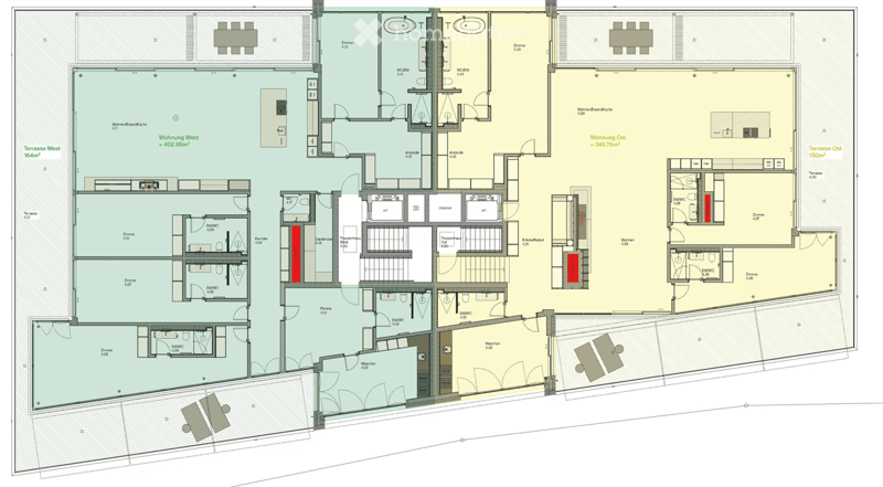 Floor plan showing two apartments (West and East), each with living/dining/kitchen areas, bedrooms, bathrooms, and terraces.