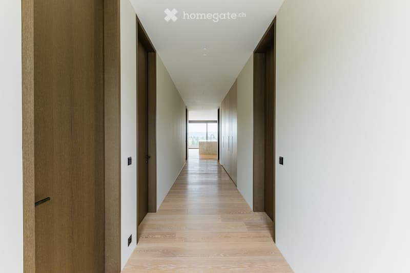 Modern hallway with light wooden flooring, white walls, and recessed ceiling lighting. Features wooden doors and a view into a room with a sink and window at the end.
