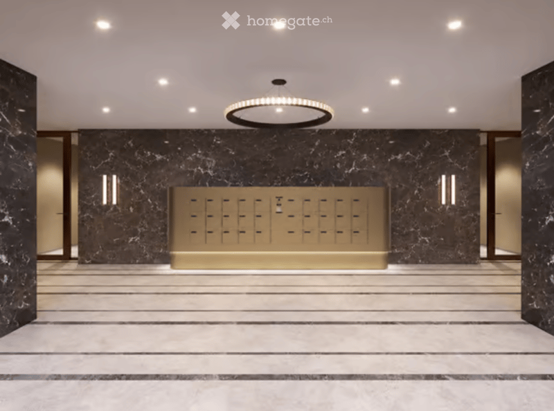 Modern hallway with marble walls, polished marble floor, recessed lighting, and a circular pendant light above a golden mail box panel.