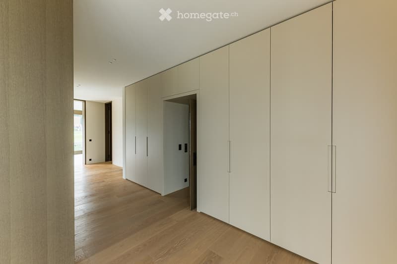 Modern hallway with light-colored wooden flooring, white built-in closet units, and recessed ceiling lighting. The hallway leads to an open area with large windows and natural light.