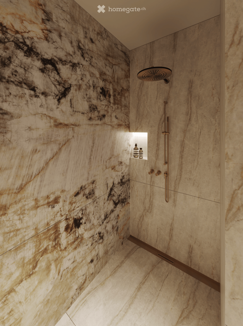 Modern shower area with marble walls and floor, featuring a rainfall showerhead, a handheld shower hose, and a small shelf holding two decorative bottles.