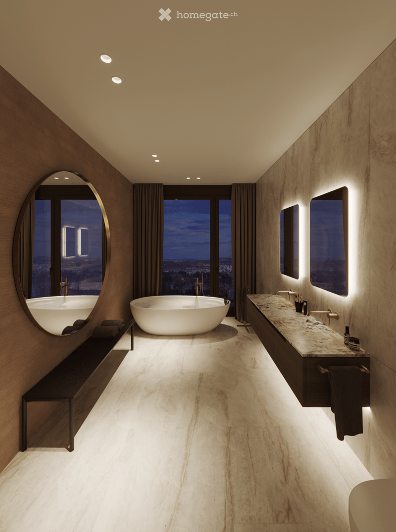 Modern bathroom with two freestanding bathtubs, a double sink vanity, large mirrors, and a cityscape view through large windows.