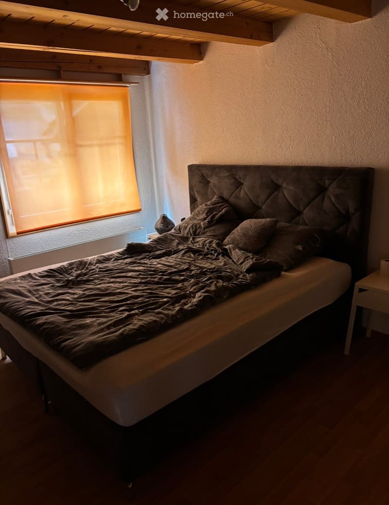 Cozy bedroom with a large bed, dark bedding, a nightstand, and a decorative vase. The room features wooden flooring and a window with blinds.