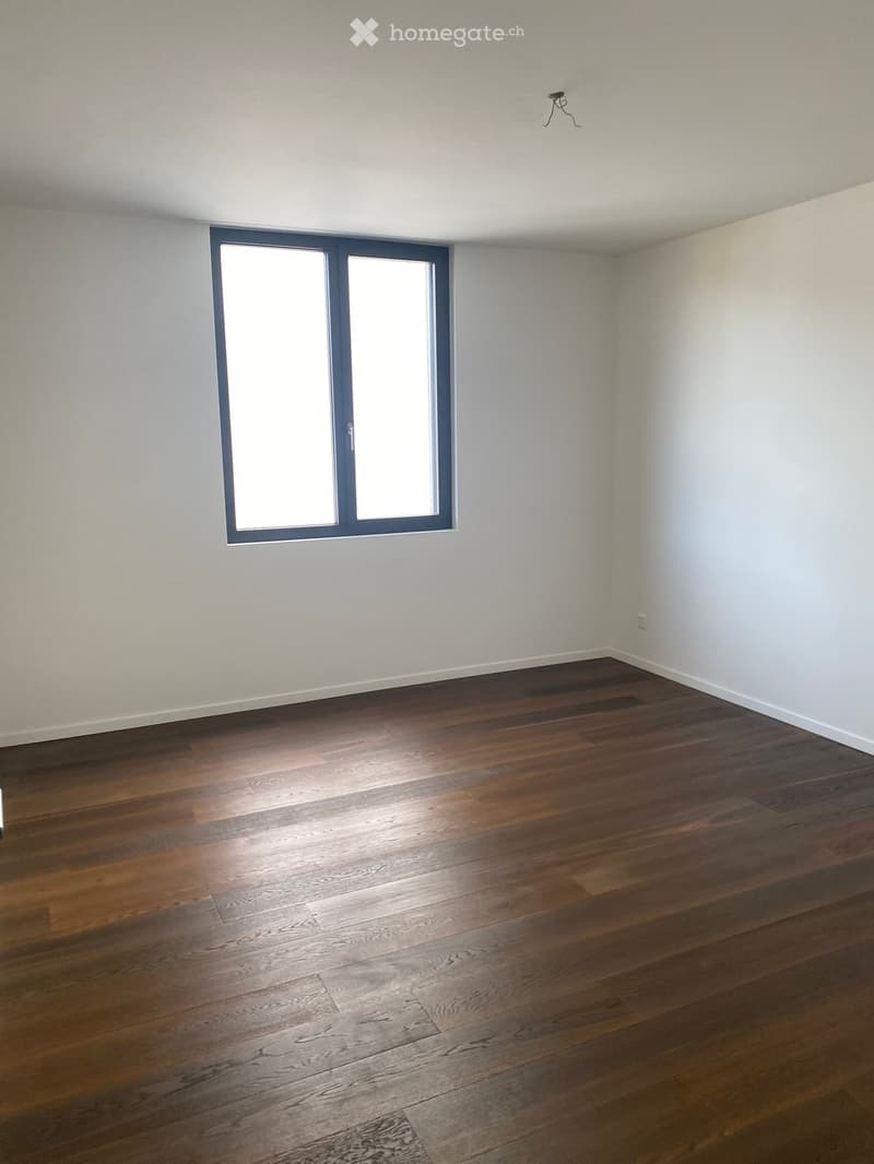 Empty room with wooden flooring and white walls, featuring a large window with double glass panels and a simple ceiling light fixture.