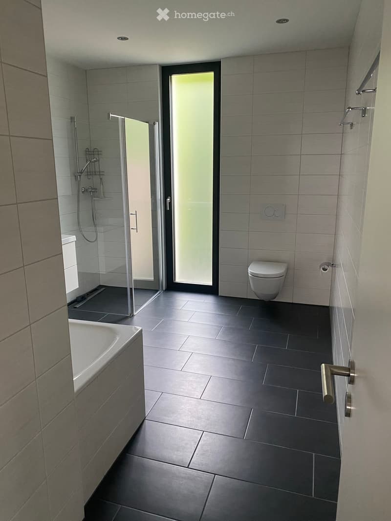 Modern bathroom with dark tiled floor, bathtub, toilet, and glass-enclosed shower area.
