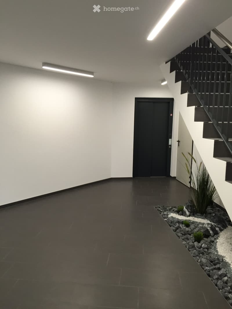 Empty hallway with dark tiled floor, white walls, a staircase on the right, and a small decorative plant area in the corner.