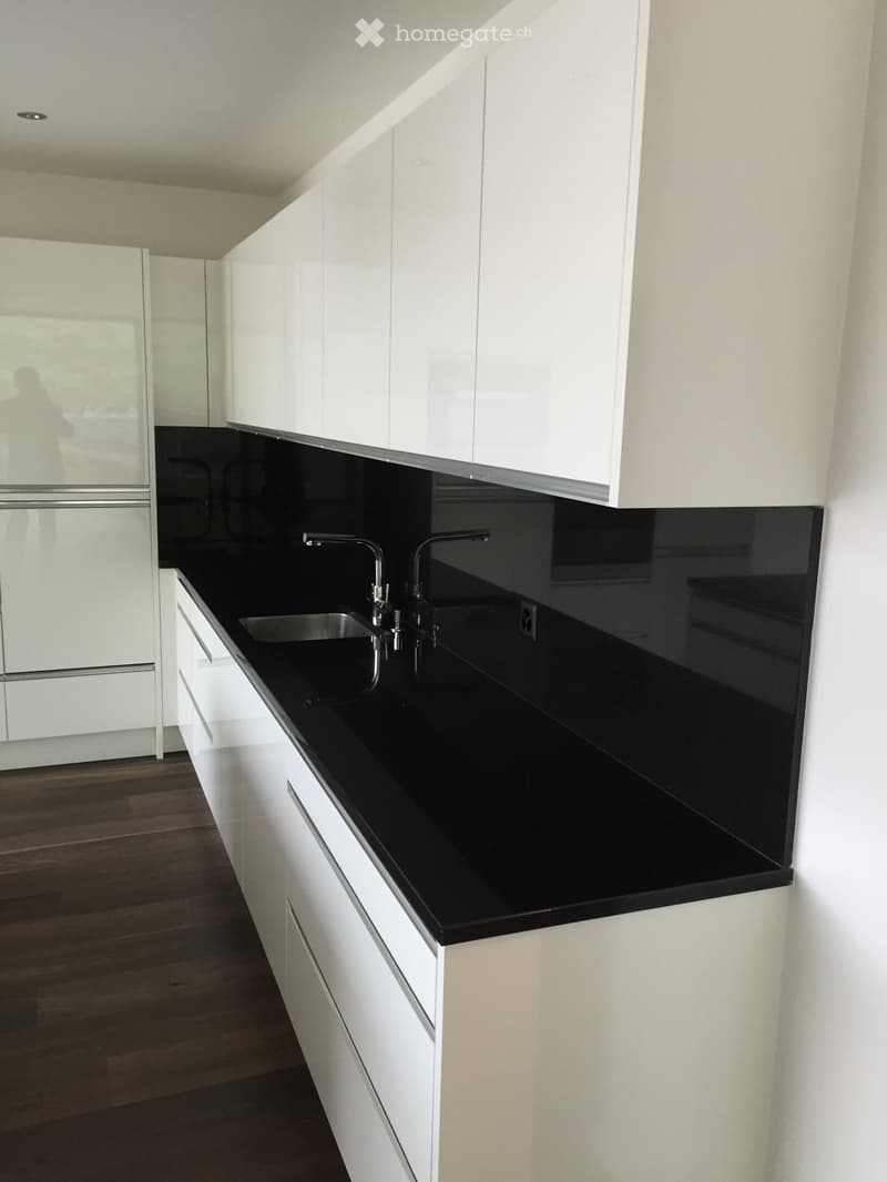 Modern kitchen with white cabinets, black countertops, and a stainless steel sink.