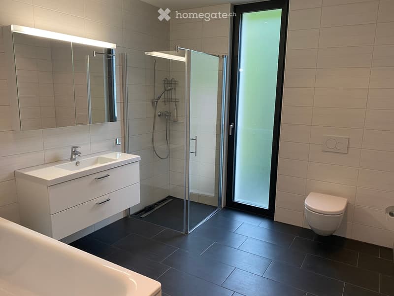 Modern bathroom with a white sink, mirror, toilet, bathtub, and a glass-enclosed shower area.